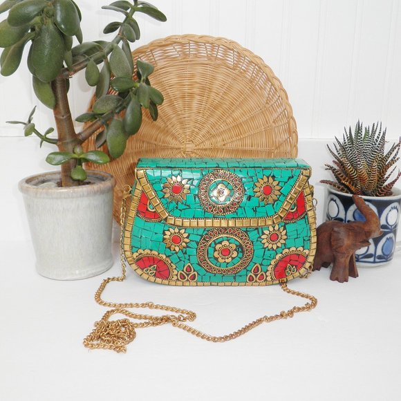 Antik Kraft Boho Amoli Brass & Mosaic Crossbody Clutch Turquoise Anthropologie - Picture 12 of 14
